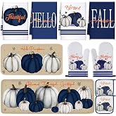 Fanfanwin 10 Pcs Fall Thanksgiving Pumpkin Kitchen Decor Set Blue White | 4 Fall Kitchen Towels 2 Pot Holders 2 Oven Mitts 2 Kitchen Rugs, Pumpkin, for Cooking Baking BBQ Thanksgiving Gift