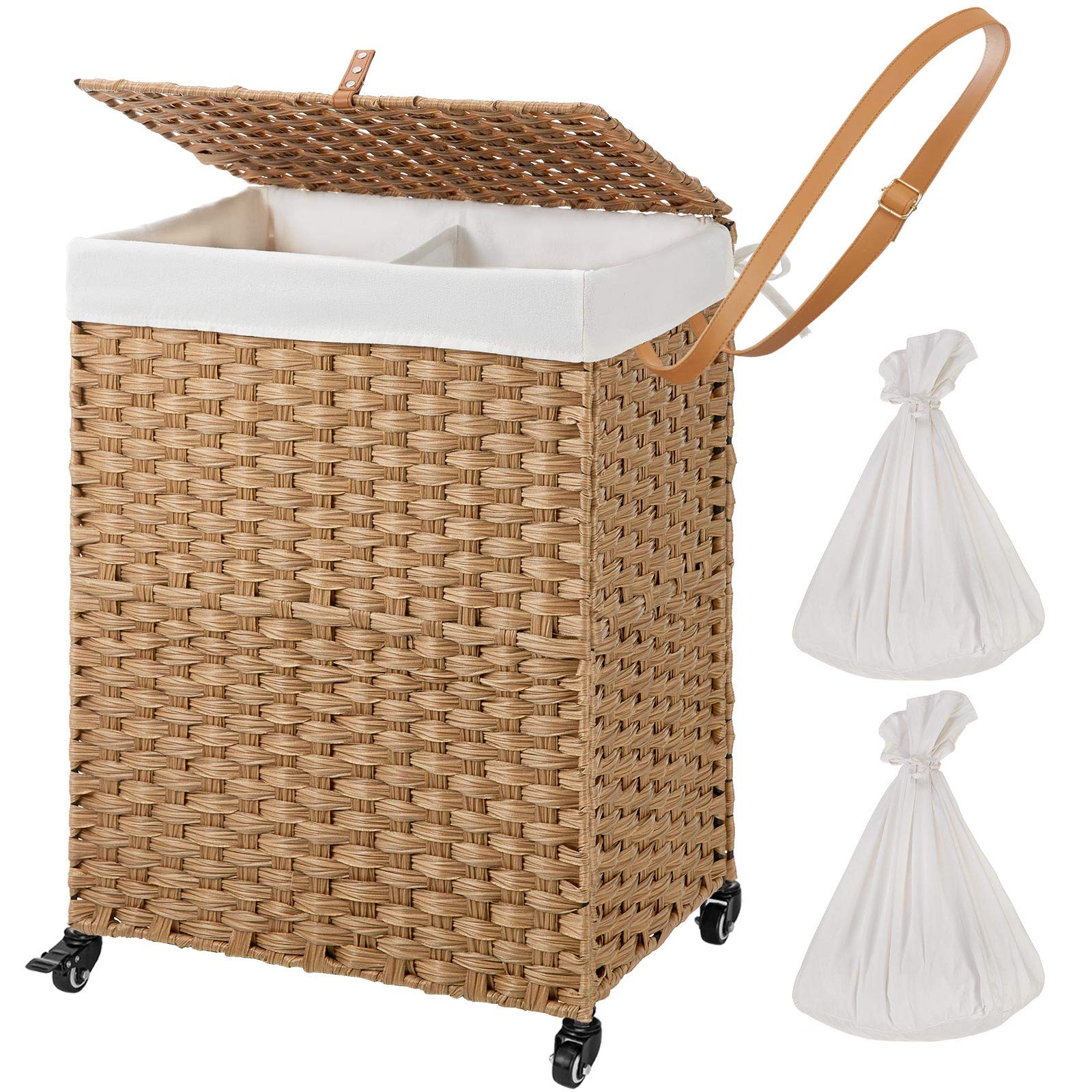 Greenstell Laundry Hamper with Wheels & 2 Removable Liner Bags, Divided Handwoven Hampers, Synthetic Rattan Clothes Laundry Basket with Lid & Handles, Foldable & Easy to Install Natural 18x12x26.4 in