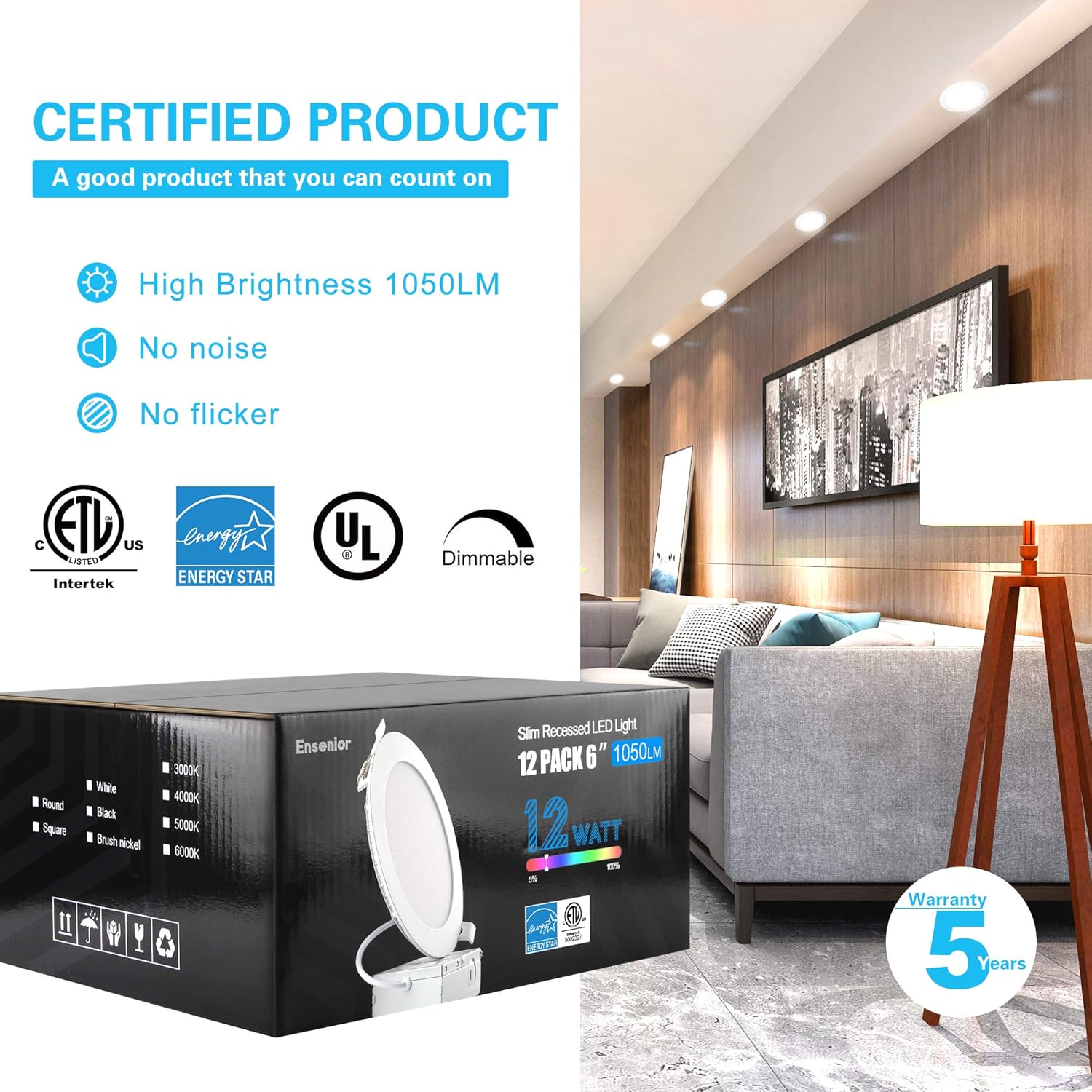 Ensenior 12 Pack 6 Inch Ultra-Thin LED Recessed Ceiling Light with Junction Box, 5000K Daylight, 12W 110W Eqv, Dimmable Can-Killer Downlight, 1050LM High Brightness - ETL and Energy Star Certified - - 