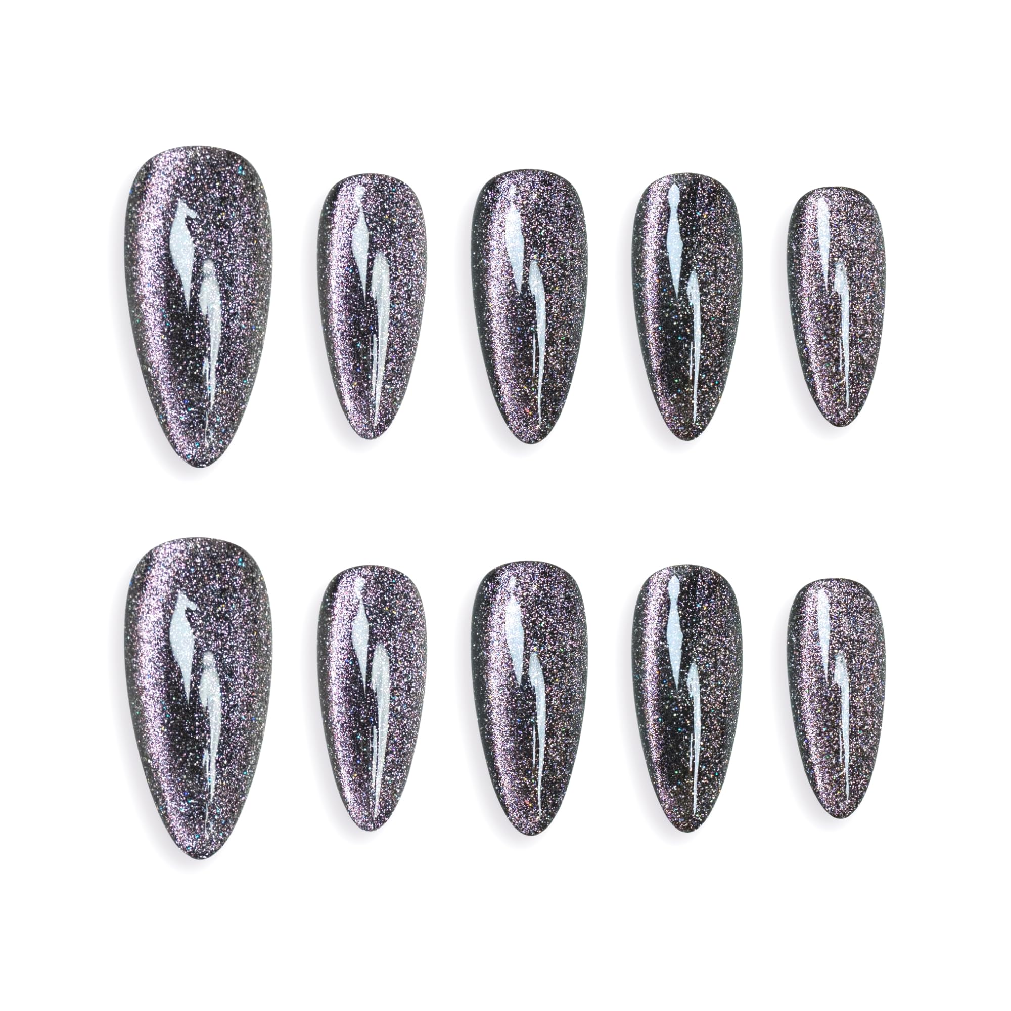 Sun&Beam Nails Handmade Press-on Medium Long Almond Black Pink Cat Eye Design Charming False Nail Tips 10 Pcs (#126 XS)