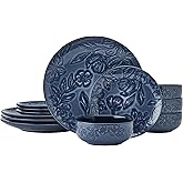 Paltzgraff Garden Elegance 12 Piece Floral Stoneware Dinnerware Plate Bowl Dish Set, Service for 4, Blue