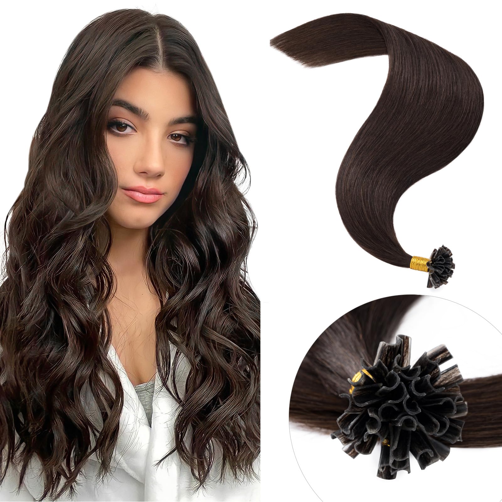 Elailite U Tip Pre Bonded Hair Extensions 1g Real Human Hair - Keratin Extension Remy Hair Straight - 50 Strands 50g (#2 Dark Brown, 24 inches)