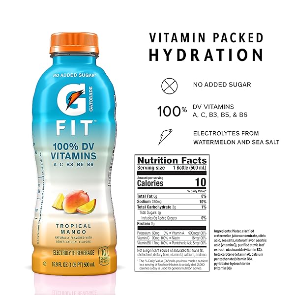 GATORADE FIT ELECTROLYTE BEVERAGE, HEALTHY REAL HYDRATION, TROPICAL MANGO, 16.9.OZ BOTTLES (12 PACK)