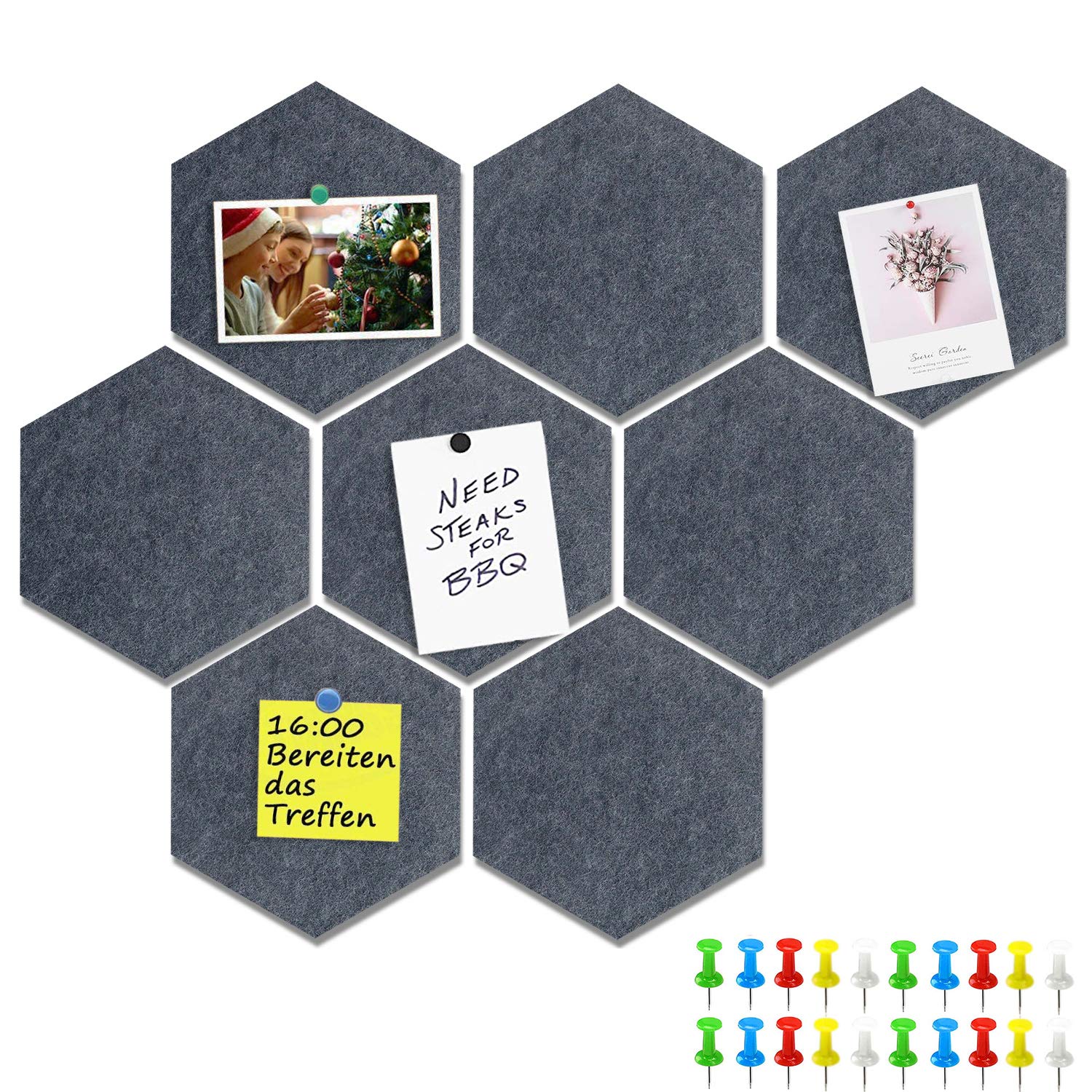 Yoillione Felt Pin Board for Bedrooms Offices Home, Bulletin Boards Small Notice Board Grey Memo Board, DIY Hexagon Cork Board Tiles Self Adhesive Pinboard for Wall Hecorative with 20 Push Pins