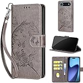 Designed for iPhone Air Case Wallet,Women Flip Folio Cover with Embossed PU Leather Stand Credit Card Holders Slots Wrist Strap Phone Case for iPhone Air 6.5 inch (Gray Flower)