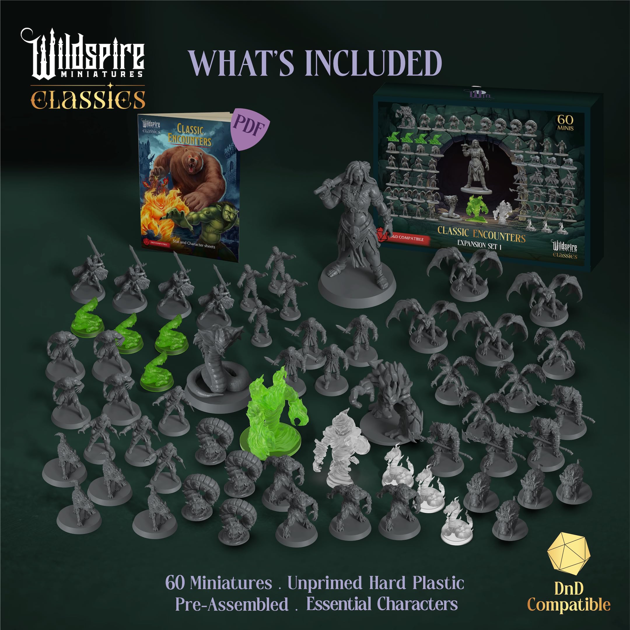Classic Encounters - Expansion Set I - 60 Iconic DND Miniatures Bulk Monsters, Unpainted Tabletop RPG DND Minis, D&D Miniatures, Fantasy Figurines, Dungeons & Dragons Minis, 28mm, Assembled Unprimed