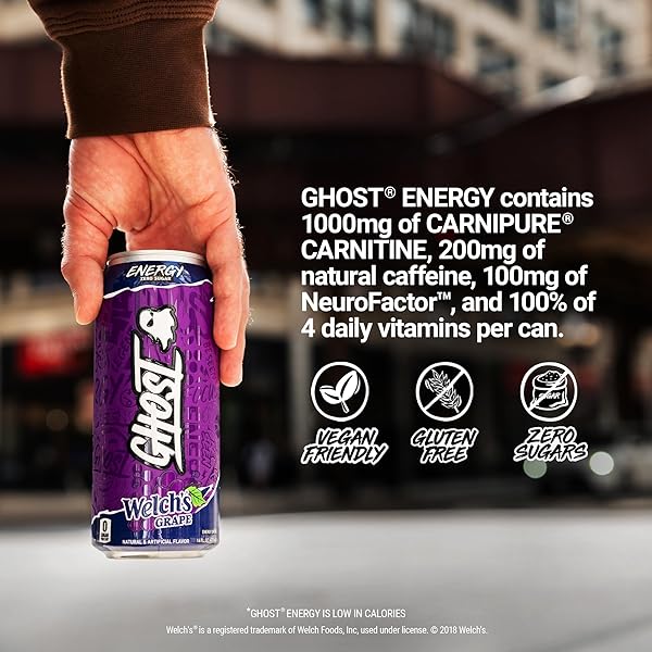 GHOST ENERGY DRINK – 12-PACK, WELCH’S GRAPE, 16OZ CANS – ENERGY & FOCUS & NO ARTIFICIAL COLORS – 200MG OF NATURAL CAFFEINE, L-CARNITINE & TAURINE – GLUTEN-FREE & VEGAN