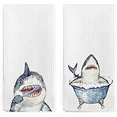 nvucamd Funny Shark Hand Towels for Kids Boys Girls Bathroom Set of 2, Shark Decor Dish Tea Towels, Sharks Lovers Gifts Hand Towel for Toilet Washroom Kitchen Decor, 16x24 Inch