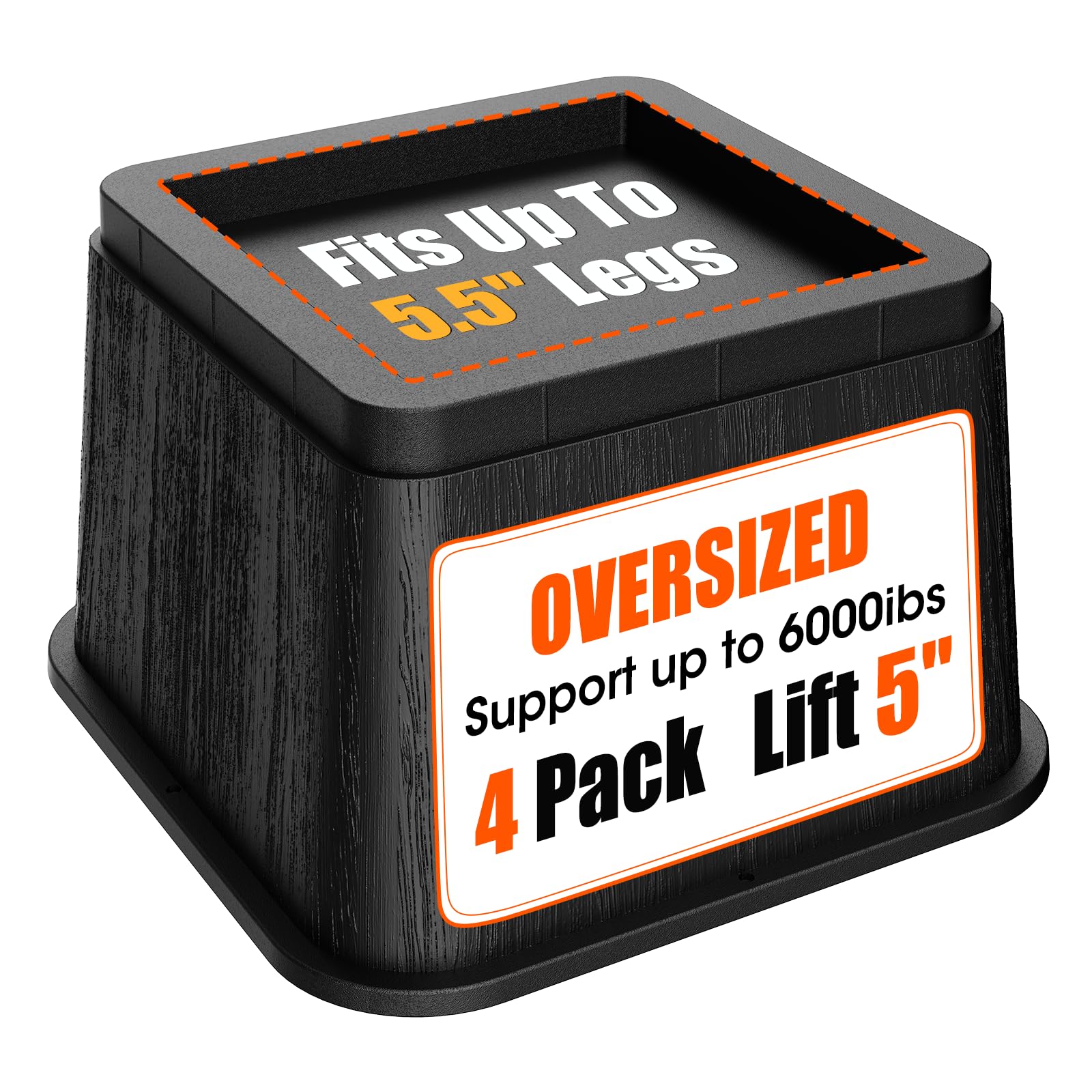 Photo 1 of MYMULIKE Bed Risers 5 Inch, Oversized Fit Up to 5.5" Legs, Heavy Duty Support 6000lbs, Stackable Bed Raising Blocks Furniture Sturdy Bed Lifts for College Dorm Rooms, Couches, Tables, Desks(4 Pack)