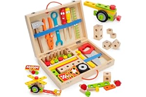 LACCHOUFEE Kids Tool Set Toy, Stem Montessori Toys for 3 4 5 Years Old Boy Girl, 43 Pcs Wooden Toddler Tool Kits Inc Box, Learning Educational Construction Toy, Birthday for Kids