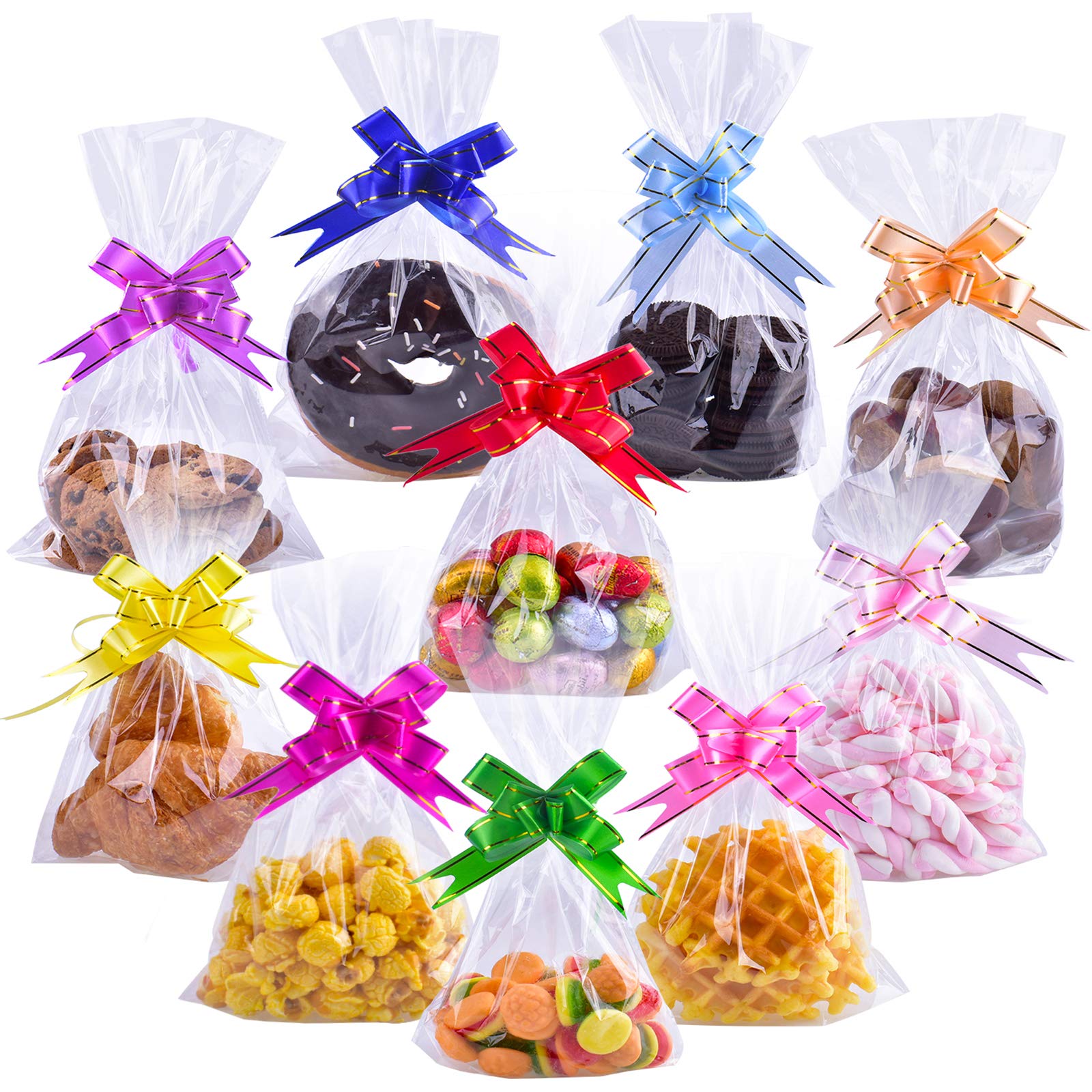 100PCS Clear Cellophane Treat Bags - 6" X 10" Resealable Flat Cello Bags with Mix Colors Ribbons and Bows for Bakery, Popcorn, Cookies, Candies, Dessert