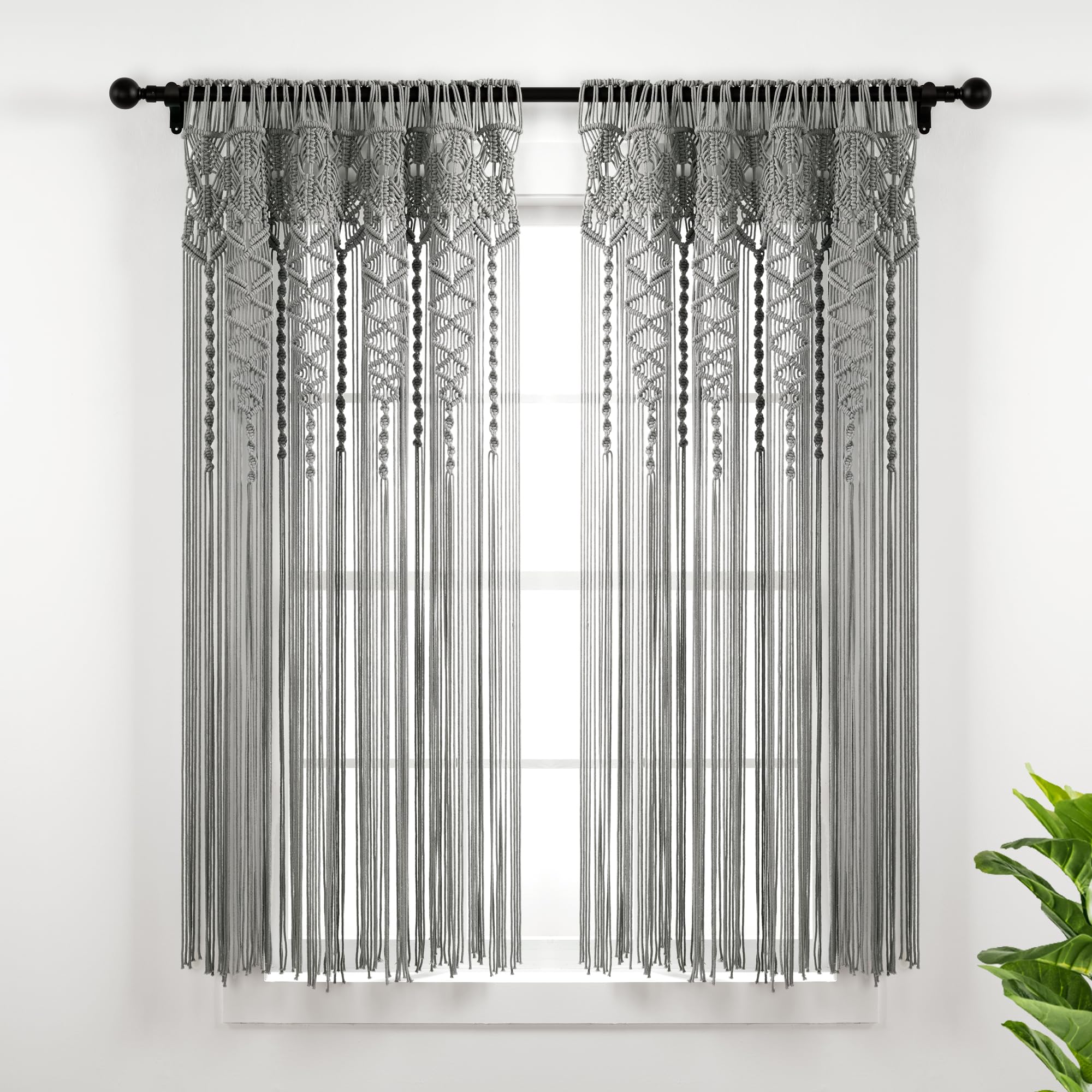 Lush Decor Boho Macrame Textured Cotton Window Curtain Panel, Single Panel, 40″ W x 63″ L, Gray