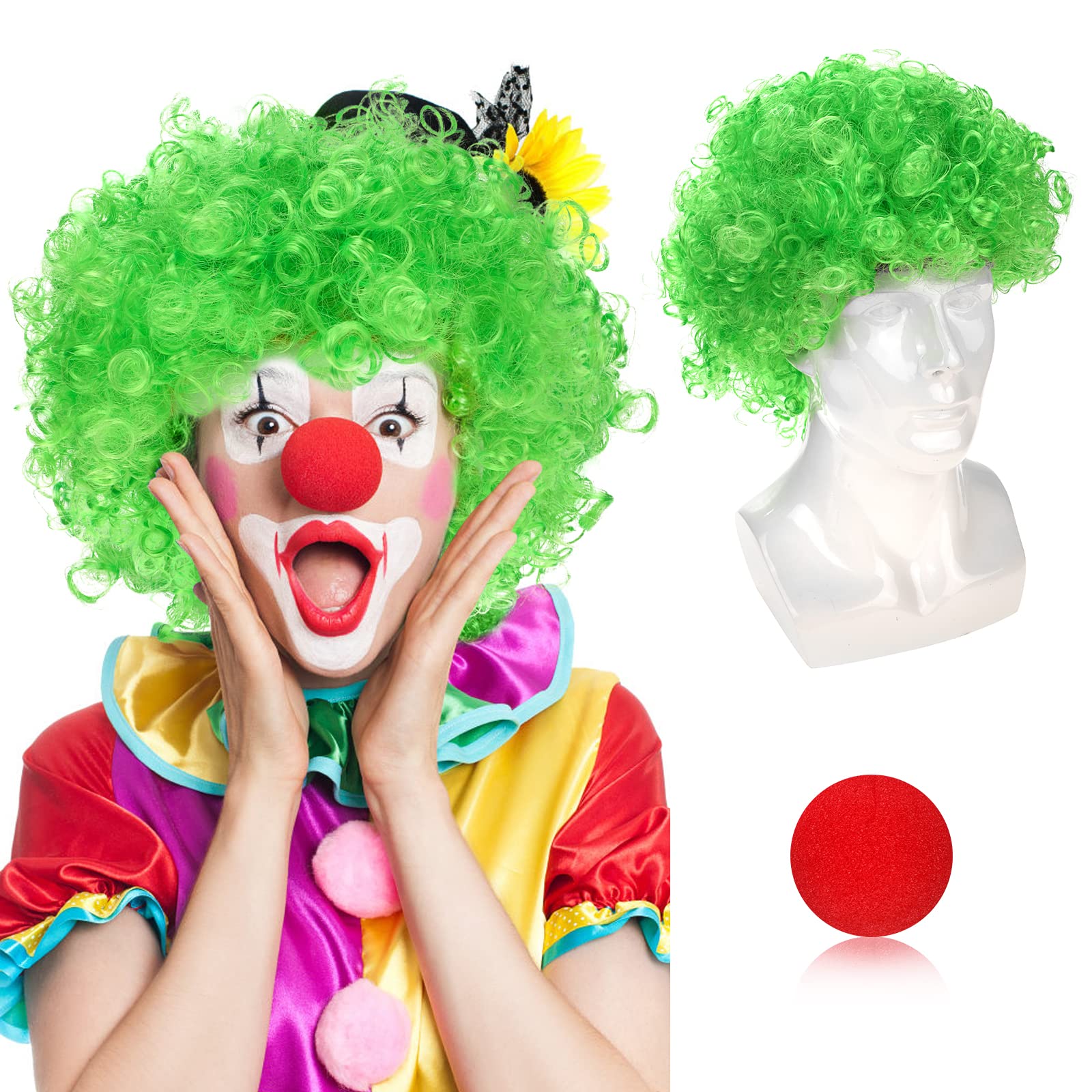 Adults Curly Afro Wig, Short Clown Disco Party Wigs Colorful 70s 80s 90s Party Clown Wigs Fancy Dress Accessory Cosplay Wig Hairpieces for Women and Men with Red Foam Clown Noses, Green