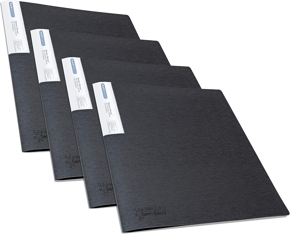Rapesco 1642 Presentation Folder Antibacterial 10 Pockets A4 Black Pack of 4