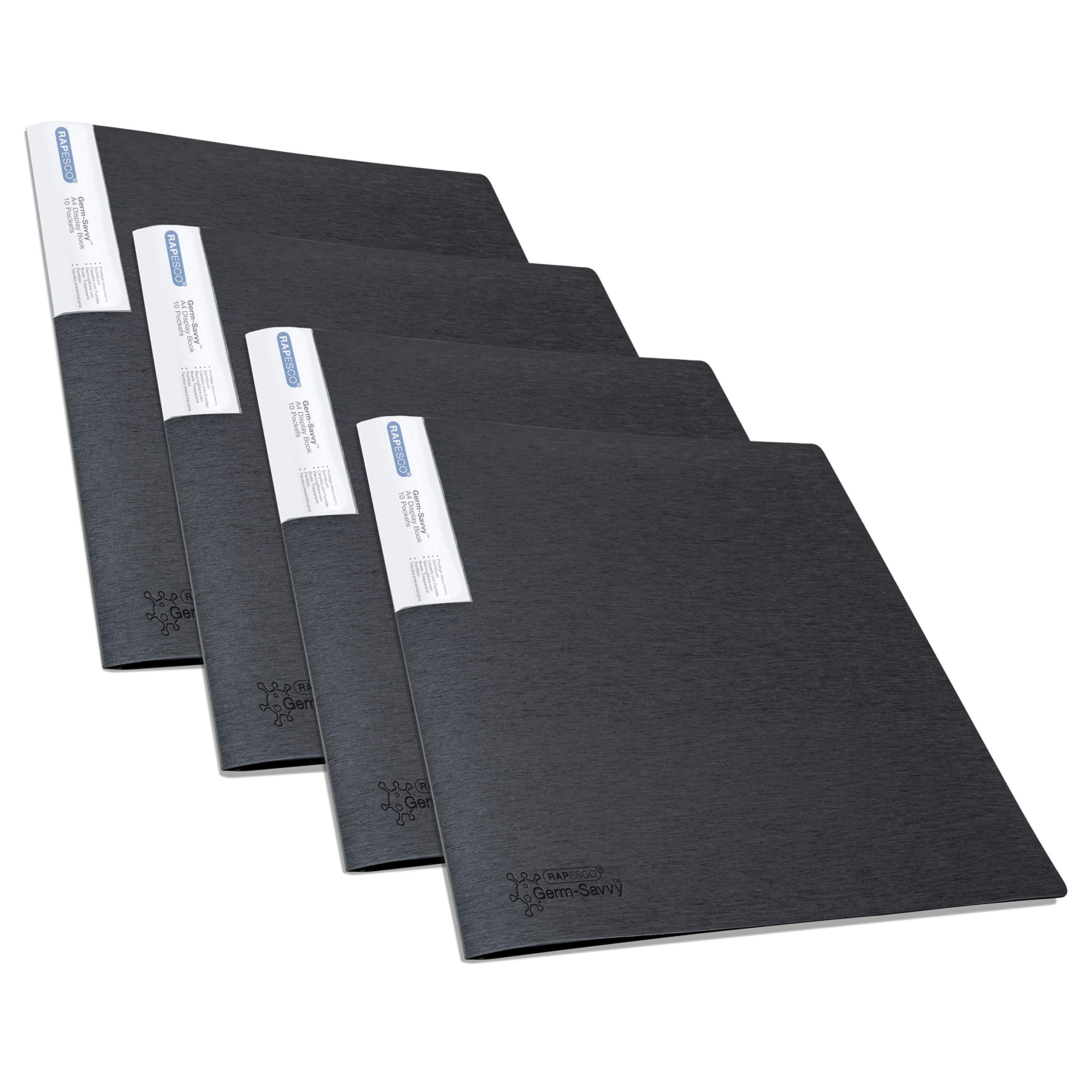 Rapesco 1642 Presentation Folder with Antibacterial Protection, 10 Pockets, A4, Black, Pack of 4