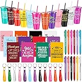Hollowfly 12 Sets / 48 Pcs Inspirational Appreciation Gifts Thank You for Coworkers, 24 oz Plastic Cup with Lid Straw Notebooks Ballpoint Pens Keychain Associate Appreciation Gifts (Colorful)