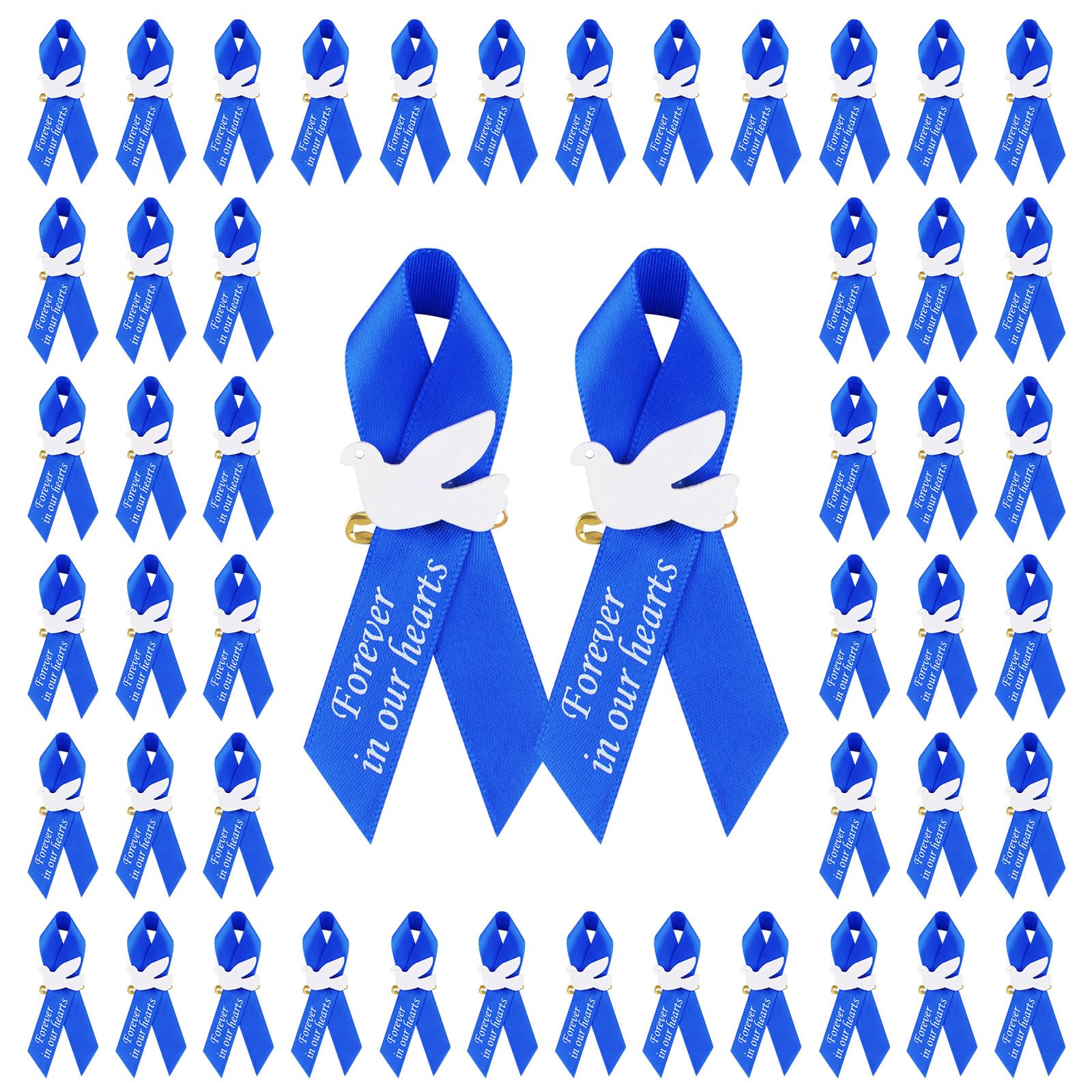 WANDIC 100 PCS Blue Ribbon Pins with Dove,Prostate Cancer Awareness Badges Colon Cancer Brooch Memorial Ribbon Badges in Forever in Our Hearts for Funeral Mourning Event Bereavement Remembrance