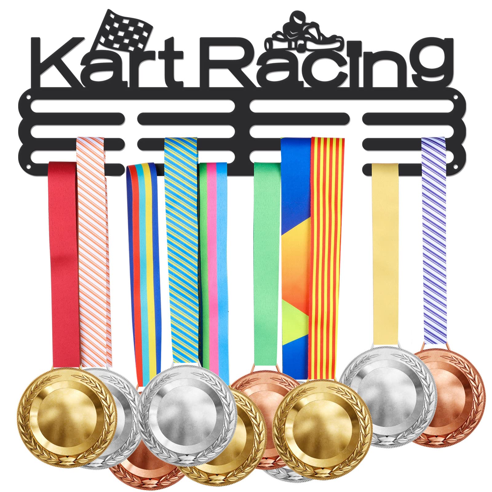 SUPERDANT Kart Racing Medal Hanger Kart Medal Holder with 12 Lines Sturdy Steel Award Display Holders for Over 60 Medals Wall Mounted Medal Display Racks for Ribbon Lanyard