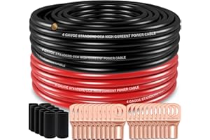 Taigoehua 50FT 4Gauge Wire (25ft Each- Black/Red) Copper Clad Aluminum CAA,with 4ga lugs, and Heat Shrink Tube, Car Amplifier
