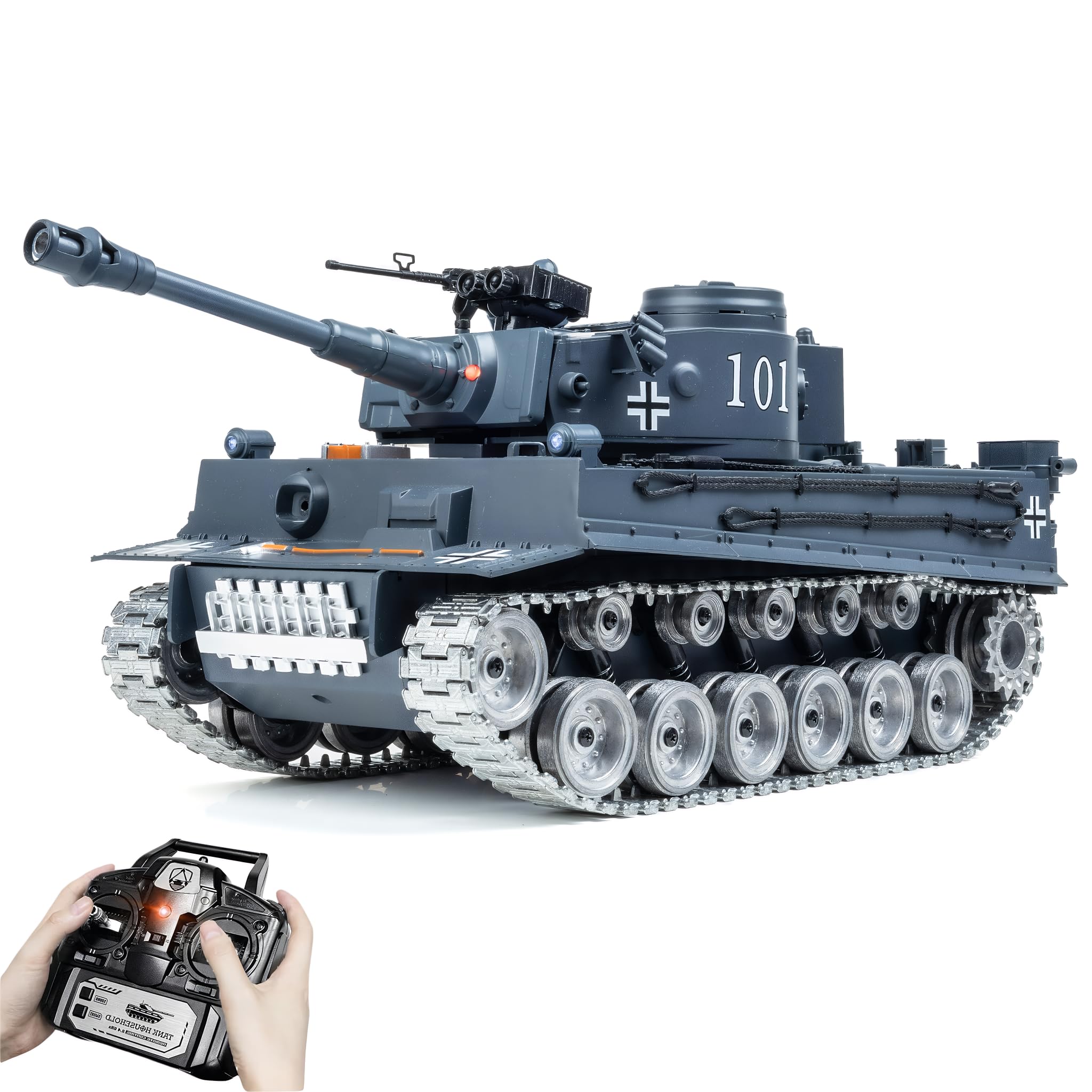 AoreSpty 1:18 Scale German Tiger Tank, RC Tanks for Adults with 2.4G Wireless Remote, Metal Tracks, 45° Climbing, BB Pellets & Water Bombs Shooting, 320° Rotating Turret