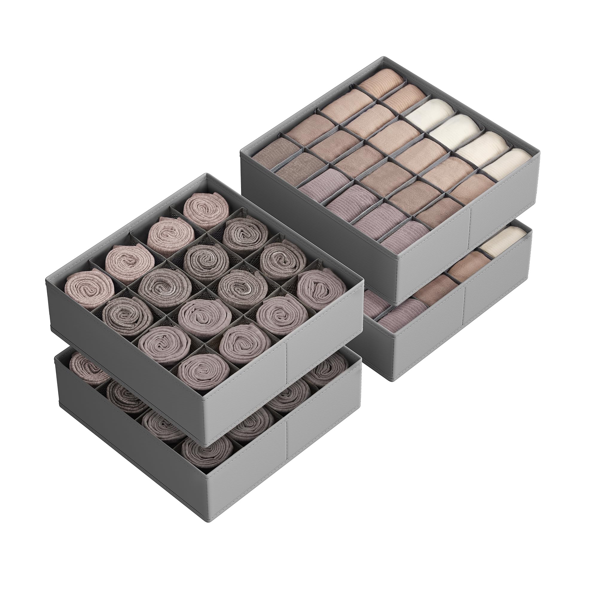 SONGMICS Set of 4 Drawer Organisers, 80 Compartments (2x16+2x24), Foldable Closet Organiser, 30 x 30 x 10 cm, Boxes for Socks, Underwear, Belts, Dove Grey RUS011G01