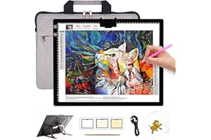 HIUKCOLED Rechargeable A3 Light Pad with Diamond Painting Light Board Carry Bag, Built-in Foldable Stand＆top Clip, 3 Colors/Stepless/6-level Brightness, Battery Powered Wireless LED Tracing Box