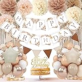 Birthday Decorations for Women - Beige Cream Neutral Balloons, Happy Birthday Decorations for Girls, Boho Party Banner