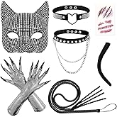 MOVINPE Cat Costume Accessories for Women, 7PCS Halloween Catwoman Outfit with Rhinestone Mask, Claw Gloves, Choker, Faux Leather Whip, Tail & Bloody Wound Tattoos Cat Women Cosplay