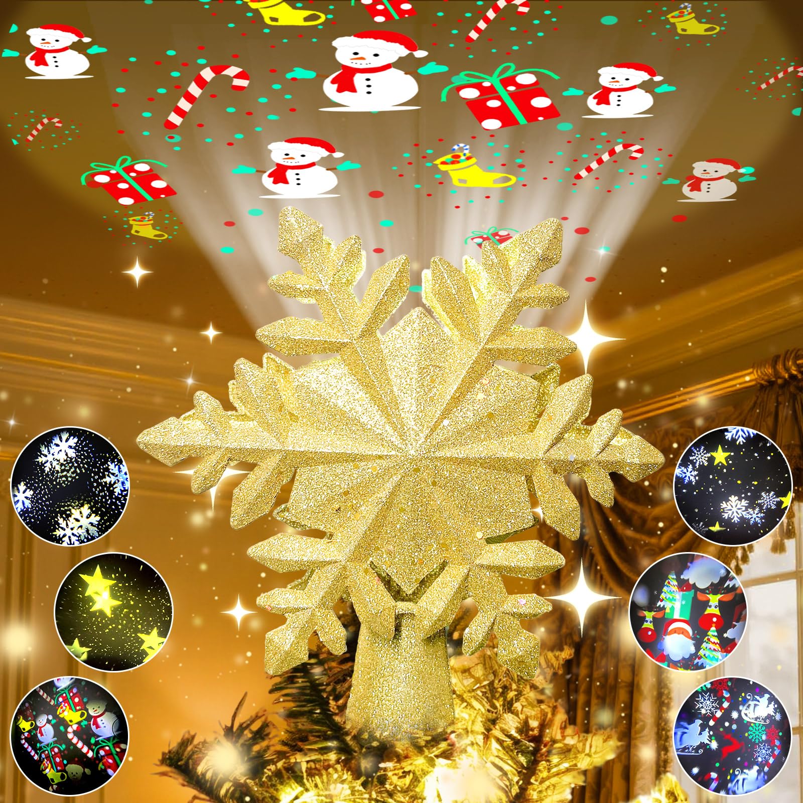 Photo 1 of [6 Patterns] 9.05 inch Christmas Tree Topper Projector Snowflake with 6 Patterns Gold Snowflake Projector Tree Topper Plug in for Indoor Office Xmas New Year Holiday (Gold,3m Cable)