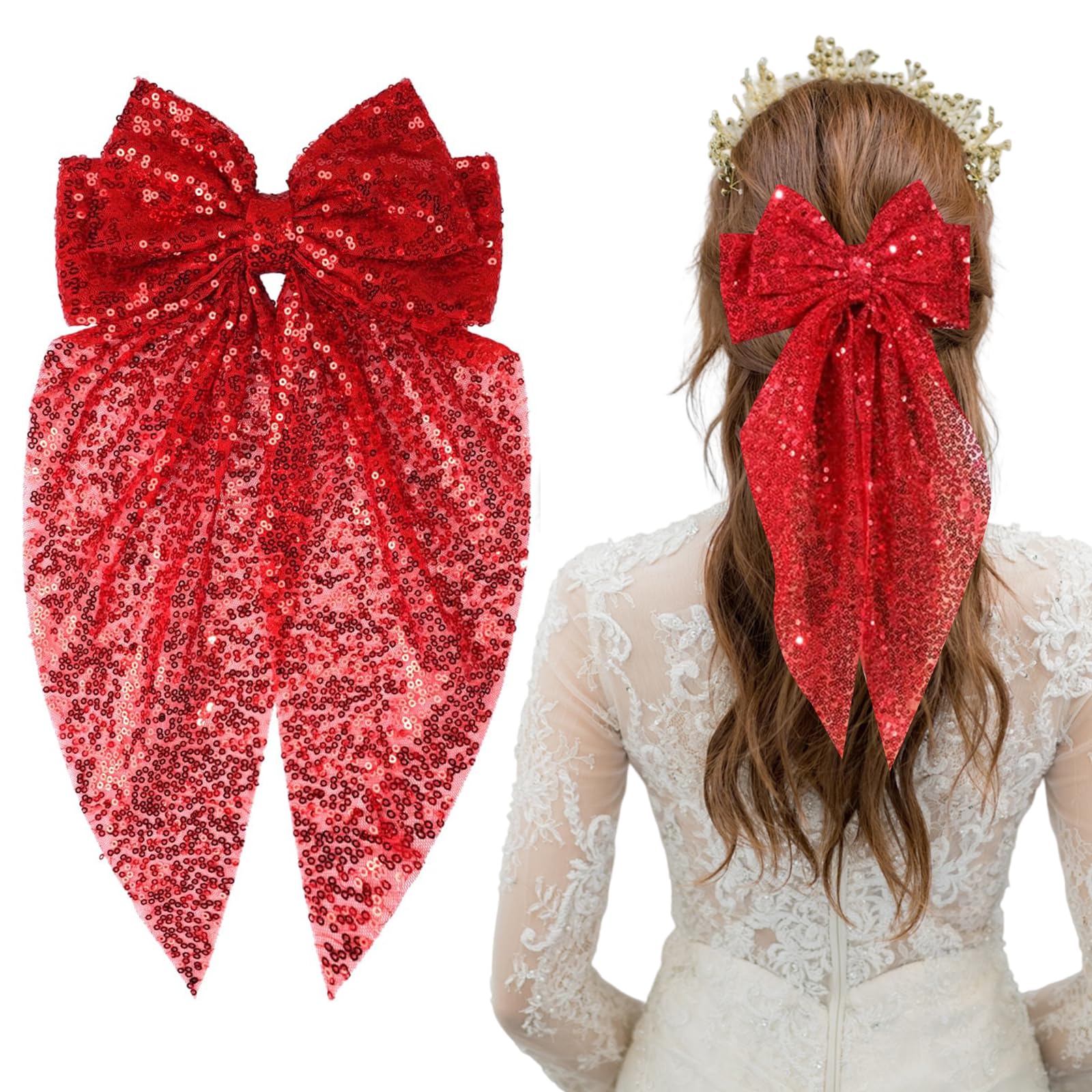 Sequin Bow Hair Bow Big Bow Hair Clips,Bow Hair Clip, Hair Bows for Women Adopts a Double Layered Bow Design with Sparkling Sequins 90's Accessories for Party Valentine's Day Women Girl（Red）