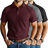 Neer 3 Pack Men's Waffle Henley Button Collared T-Shirts, Short Sleeve Lapel V Neck Side Split Classic Summer Basic Tees