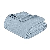 Superior Basketweave Cotton Blanket, Basket Weave Design, Soft, Comfy Cover for Bed, Bedding, Bedroom, Couch Throw, Lounging, Modern Boho Medium Weighted Blankets, Full/Queen, Light Blue