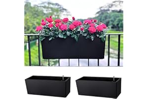 LaLaGreen Rail Planter for Balcony Outdoor (20 Inch, 2 Pack) Large Black Self Watering Railing Planters with Brackets, Rectan