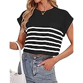 Womens Short Sleeve Cropped T-Shirts Striped Rolled Dolman Sleeve Crop Tops Summer Round Neck Casual Solid Short Basic Tees