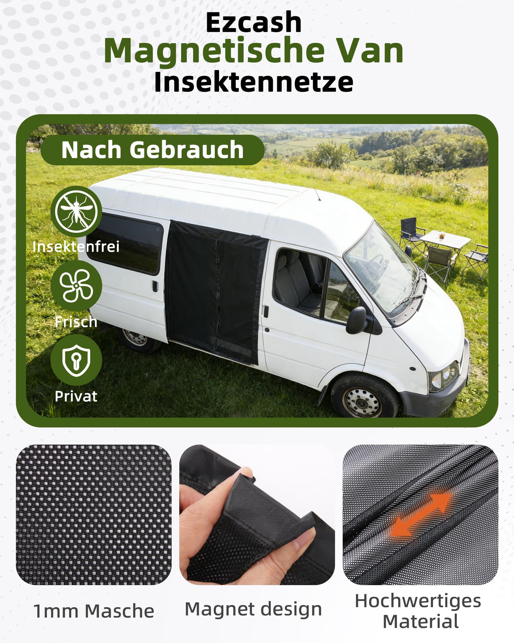Ezcasch 180x150cm Fliegengitter Camper Insektennetze, Seitentür Fliegengitter Auto Moskitonetz Schiebetür mit Magneten, Geeignet für Van, Wohnmobil(Höhe x Breit) 2