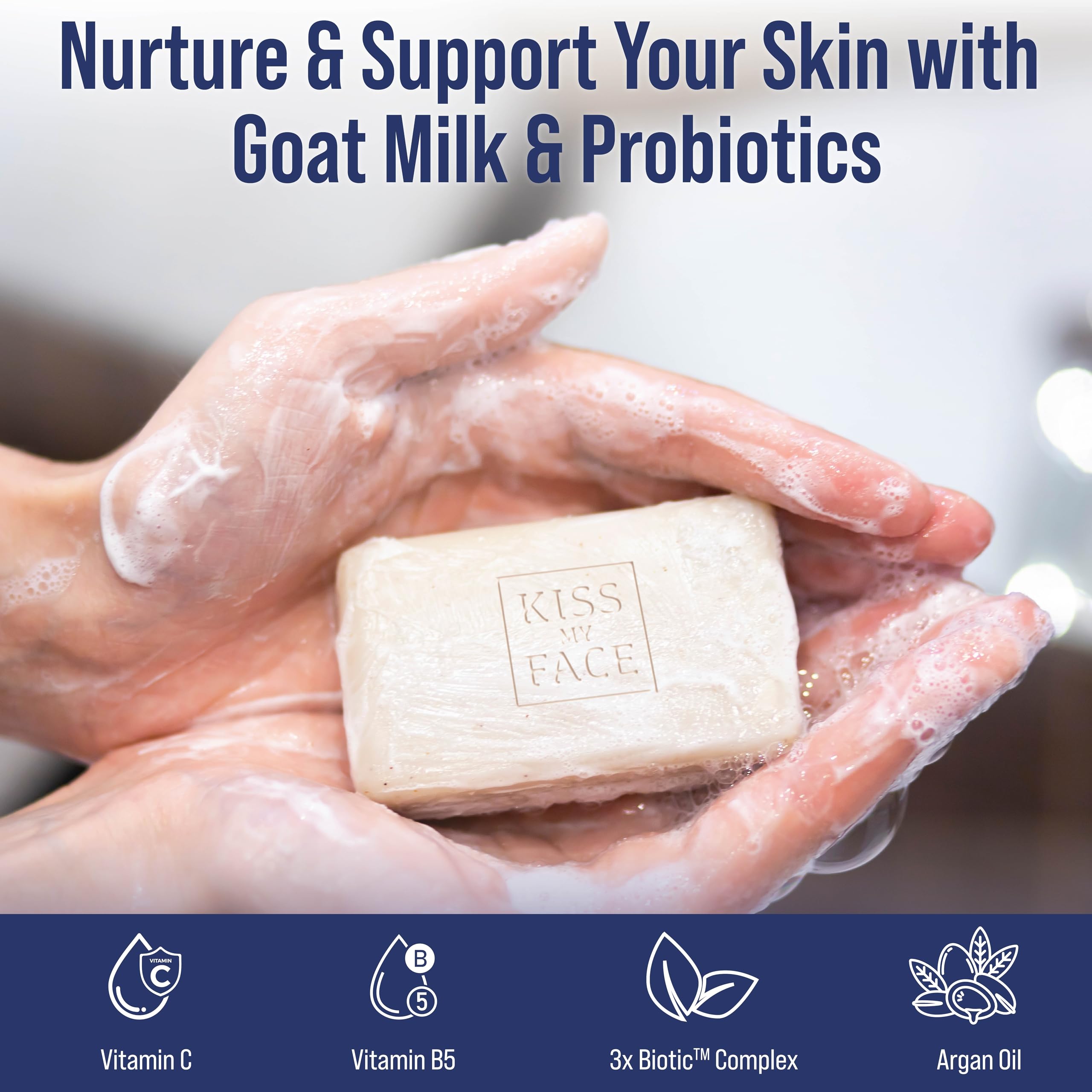 Kiss My Face Goat Milk Bar Soap, With Goat Milk and Probiotics, Nourishes and Soothes, Bar Soaps for Hands and Body, Cruelty Free and Palm Oil Free, Rose and Magnolia Scents, Pack of 3