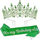 VELSCRUN Green Crystal Birthday Tiara Crowns for Women Girls It's My Birthday Sash Queen Girls Princess Crown with Combs Happy Birth Party Decorations Mom Sisters Birth Gift Hair Accessories