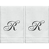 Monogrammed Towels Fingertip, Personalized Gift, 11 x 18 Inches - Set of 2- Black Embroidered Towel - Extra Absorbent 100% Cotton- Soft Velour Finish - For Bathroom/ Kitchen/ Spa- Initial R (White)