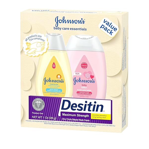 JOHNSON’S BABY CARE ESSENTIALS GIFT SET, BODY LOTION, & ZINC OXIDE DIAPER RASH PASTE FOR BABY’S DELICATE SKIN, VALUE PACK, TRAVEL-SIZE, BATH ESSENTIALS MUST HAVES, BABY GIFTS, 3 ITEMS