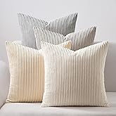 Topfinel 4 Packs Neutral Decorative Throw Pillows Covers 22x22 Inch for Living Room Couch Bed Sofa, Rustic Farmhouse Boho Neutral Home Decor, Soft Plush Striped Corduroy Square Cushion Case 55x55 cm