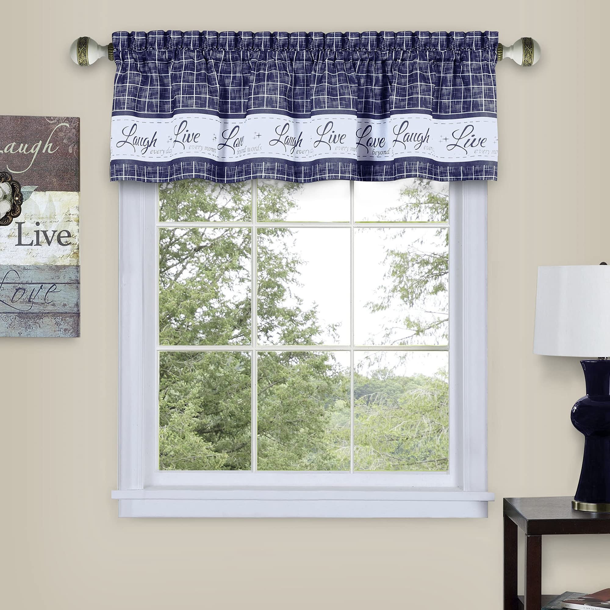 Soft Valance Window Curtains - 58 Inch Width, 14 Inch Length - Live, Love Laugh (Navy) - Wrinkle-Free Light Filtering Polyester Drapes for Bedroom Living & Dining Room by Achim Home Decor — image 1
