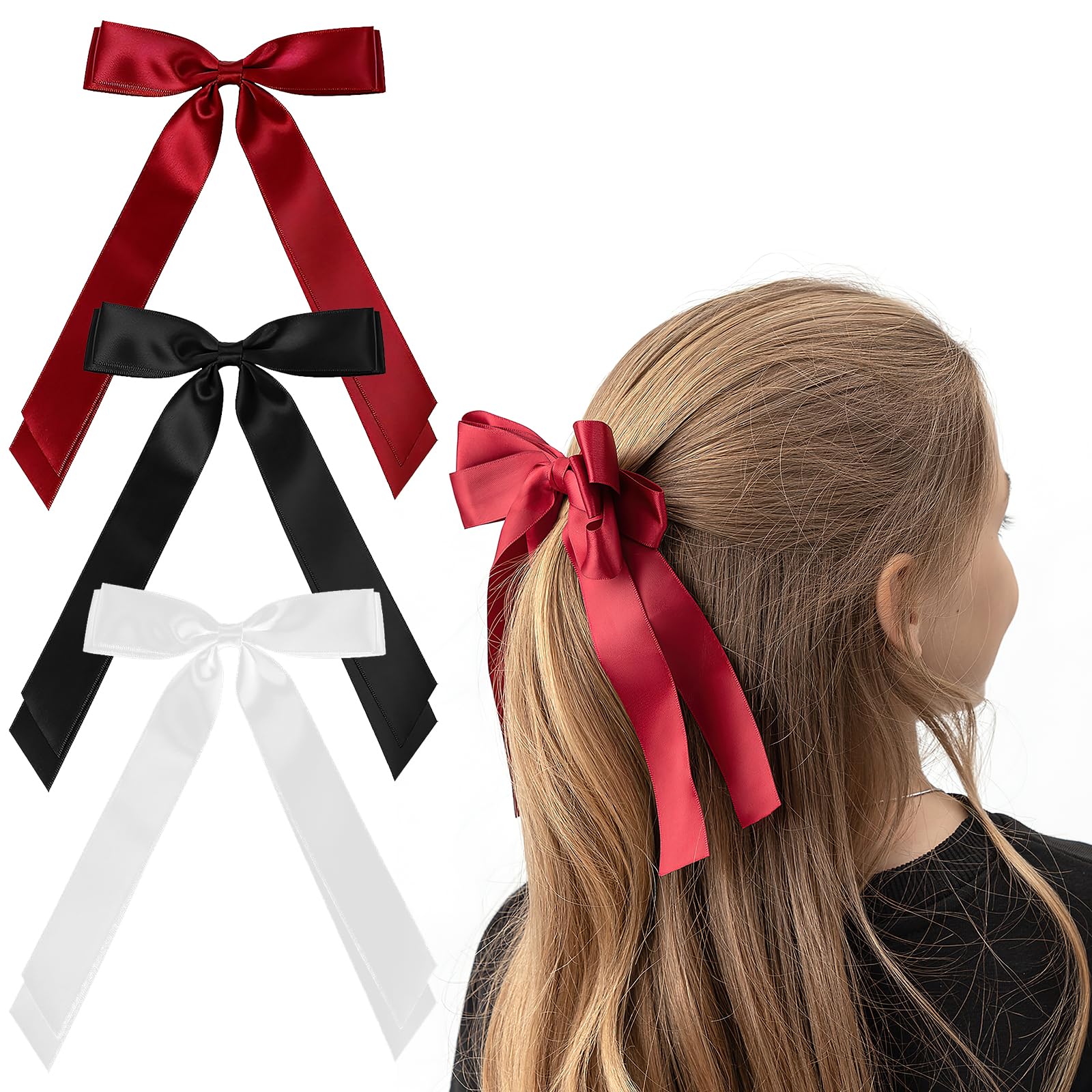 3 Pack Hair Bows for Women, Red Bow Clips French Barrette with Long Silky Satin Hair Bows for Girls, Hairs Ribbons Barrettes Solid Color Hair Accessories for Women (Red,Black,Beige)