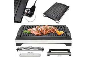 Electric Portable Smokeless Grill, 5 Levels Adjustable Temperature & Cool-touch Handles, 1600W BBQ Griddle, Middle Size, Non-