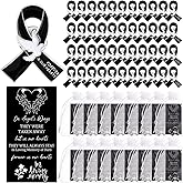 Quelay 100 Sets Funeral Ribbon Pins Funeral Favors Ribbon Pins Prayer Cards and Organza Bags Awareness Lapel Forever in Our Hearts Memorial Brooch for Mourning Remembrance Day(Black)