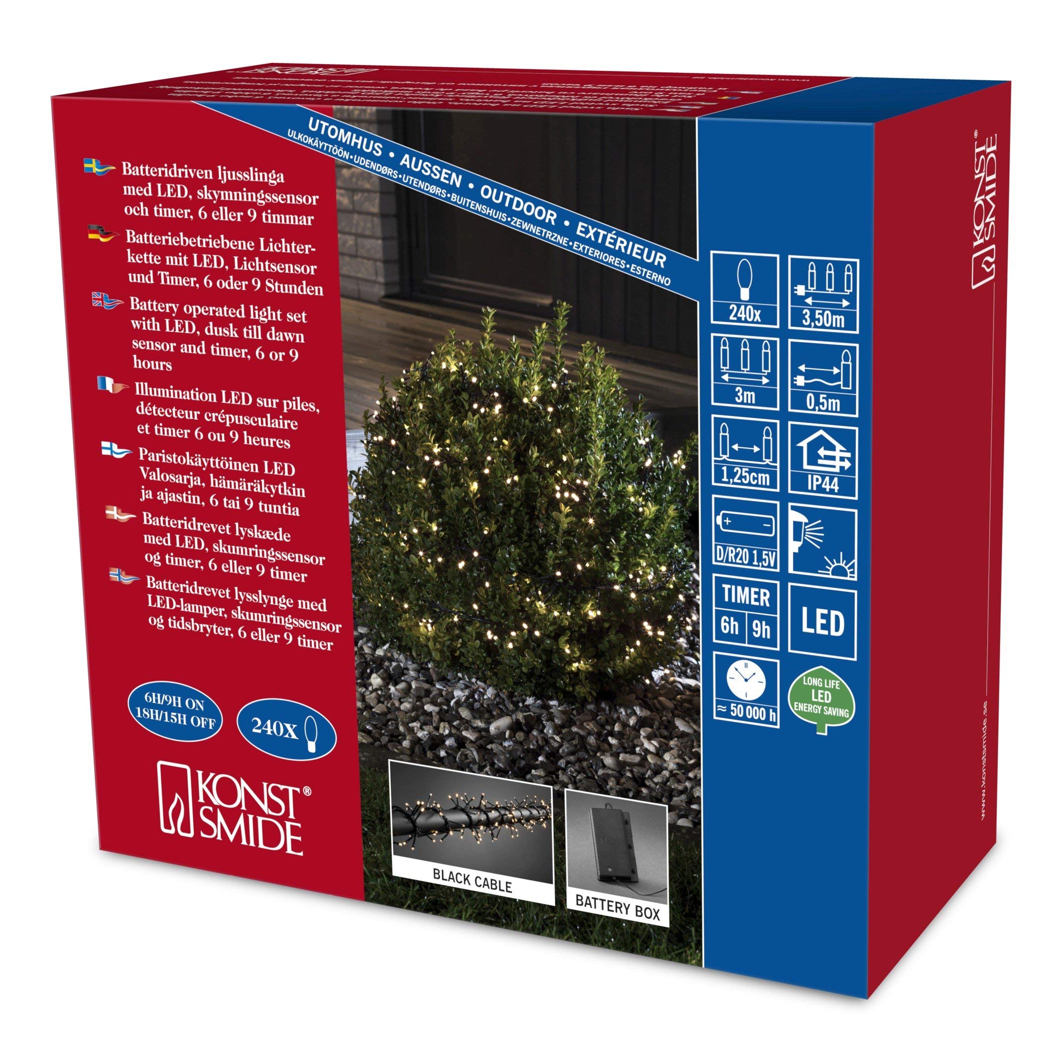 Konstsmide Cluster 3734-100 Micro LED Fairy Lights for Outdoor Use (IP44) Battery Operated 4 x D 1.5 V (Excl.) with Light Sensor, 6 Hours and 9 Hours Timer / 240 Warm White Diodes/Black Cable