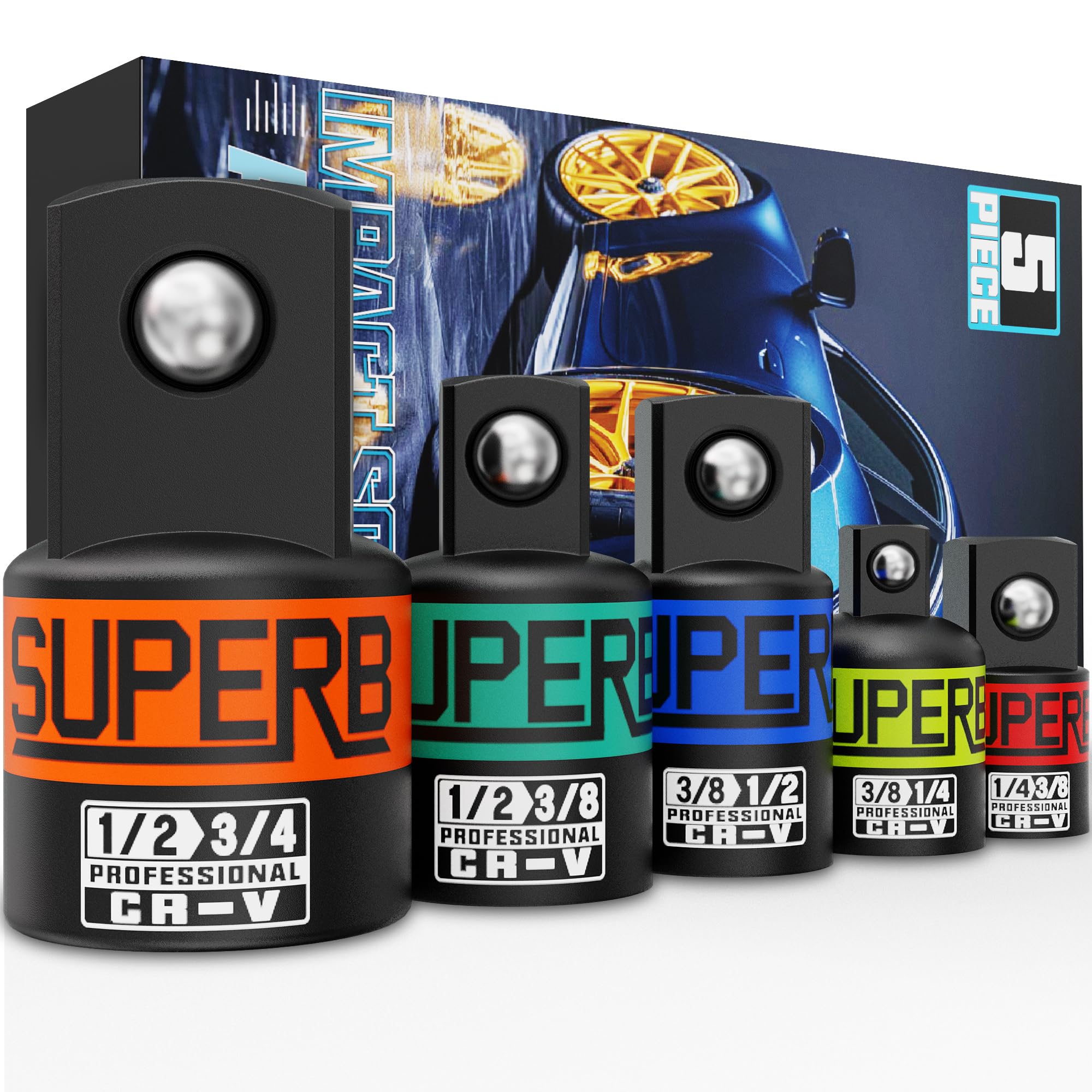 KIRXST 1/4 3/8 1/2 3/4 Inch Drive Impact Socket Adapter Set, 5 Piece Ratchet Socket Adapters, Socket Reducer Wrench Adapter for Mechanics DIYers Automotive Repair