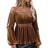 Bebonnie Womens Velvet Off The Shoulder Long Sleeve Sexy Elegant Evening Tops Peplum Dressy Blouses