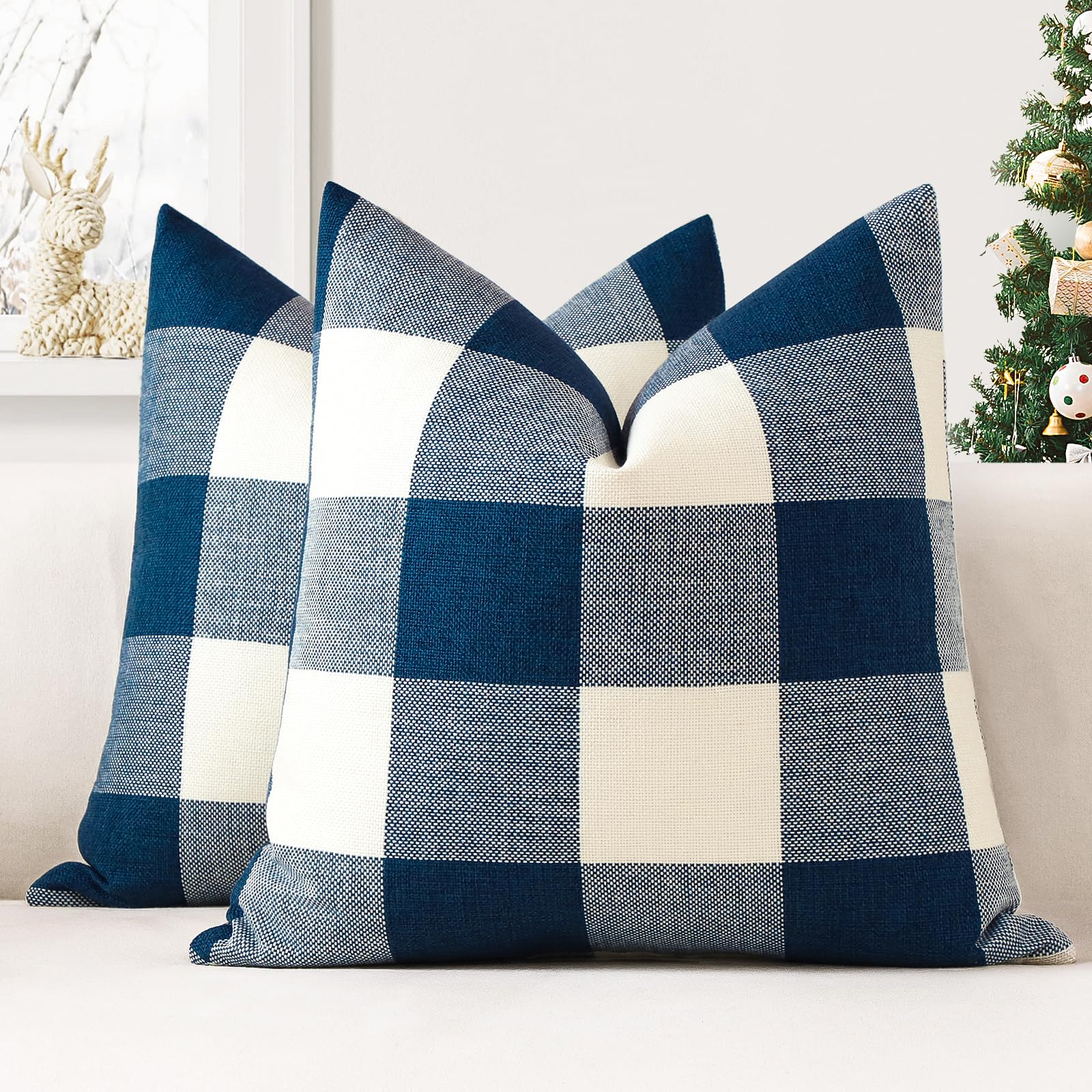 JOTOM Set of 2 Classic Plaids Cushion Covers 60x60 cm Farmhouse Buffalo Check Soft solid Decorative Throw Pillow Covers Home Decor Outdoor Cushion Case for Sofa Bedroom (Navy Blue)