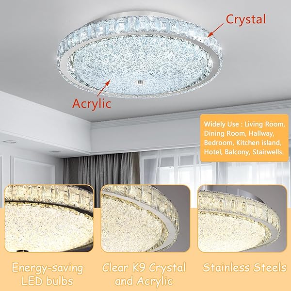 AFQEJG 19.6″ MODERN CRYSTAL CHANDELIER DIMMABLE LED FLUSH MOUNT CEILING LIGHT WITH REMOTE CONTROL FOR LIVING ROOM DINING ROOM BEDROOM HALLWAY FOYER SILVER