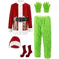 Frojuly Christmas Costume for Men Adult Green Big Monster 7PCS Deluxe Santa Suit Set Furry Xmas Cosplay Outfit Halloween